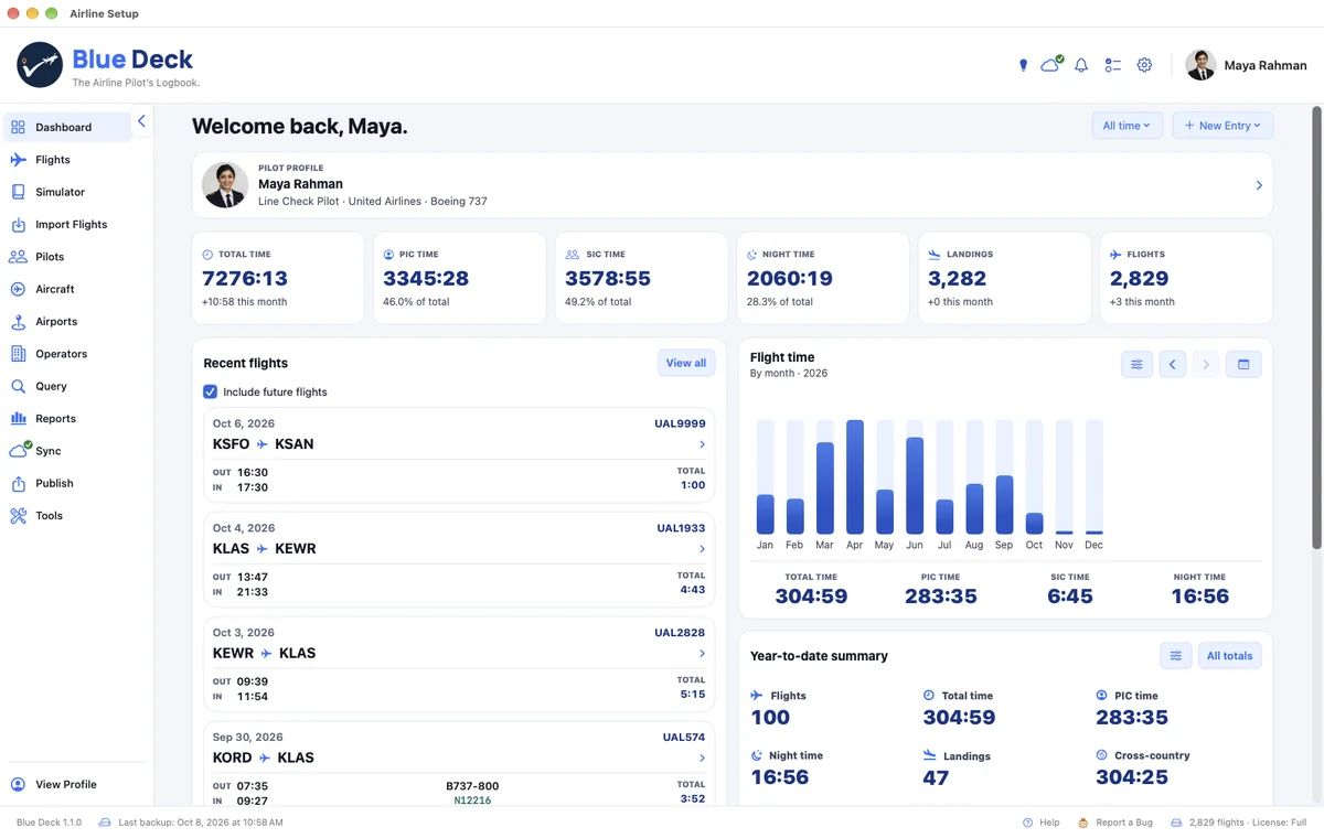 Blue Deck on Mac, with flight totals, recent flights, and logbook summaries
