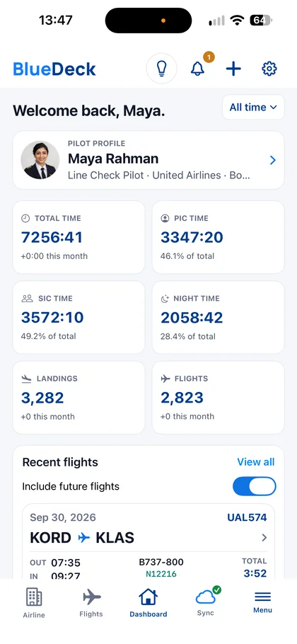 Blue Deck logbook dashboard on iPhone