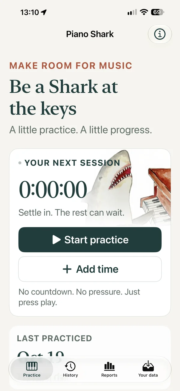 Piano Shark app preview, showing a practice timer and an illustrated shark playing piano